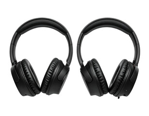 Two identical over-ear headphones sit side-by-side against a black background