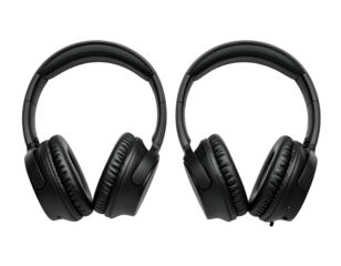 Two identical over-ear headphones sit side-by-side against a black background