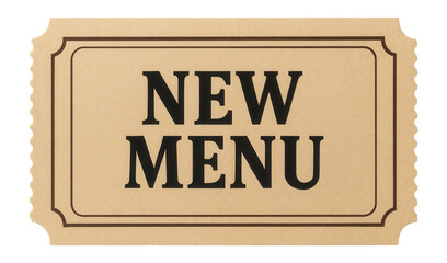 Tan tag sticker with NEW MENU announcement in bold text, inviting retail promo offer on transparent background.