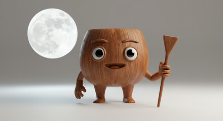 Wooden character holding spatula under moon