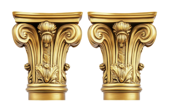 Ornate golden ionic capital architecture element isolated on transparent background. Golden column classic antique gold pillar isolated on white background.