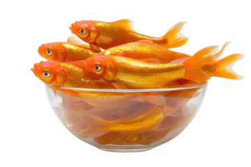 Several realistic goldfish piled in a glass bowl isolated on transparent background. Goldfish in a bowl isolated on white background.
