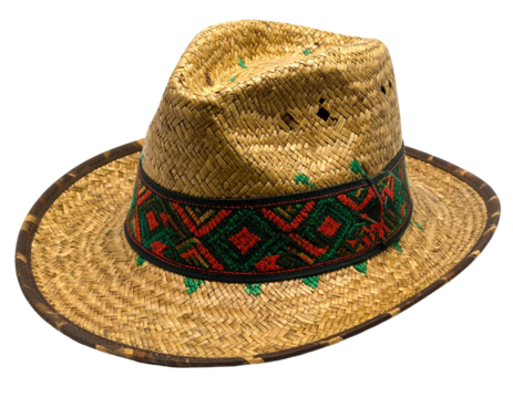 A straw hat with a decorative band. It's tan, with a dark-brown brim