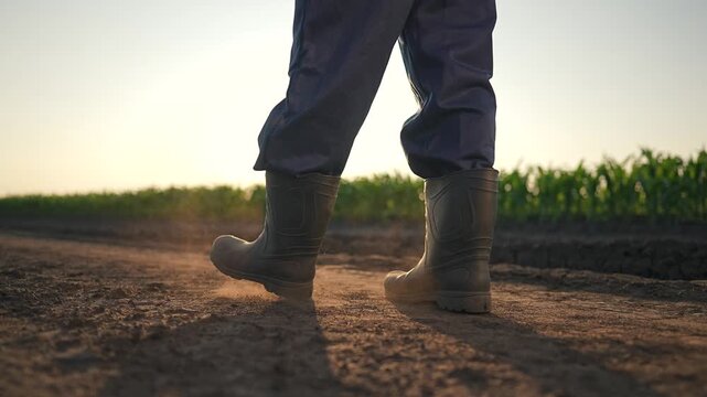 Boots walk slowly dirt road. Farmer steps on soil by field. Walking under sunset glow. Dirt shifts beneath boots. Man continues along path, boots push soil down farmer calm walking keeps dirt pressed.