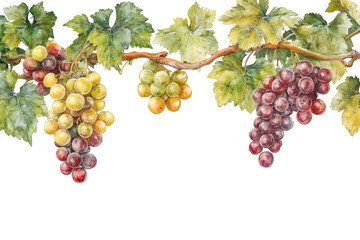 Fototapeta premium Bunches of ripe red and green grapes hanging from a vine isolated on transparent background. Grapes isolated on white background.