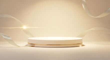 Elegant White and Gold Product Display Podium with Soft Lighting and Flowing Ribbons