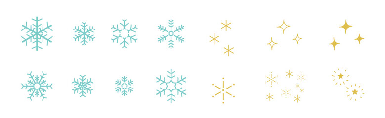 雪の結晶＆キラキラ＆星の手描きイラスト_カラー｜Snowflakes & Sparkles & Stars_Hand-drawn Illustration_Color