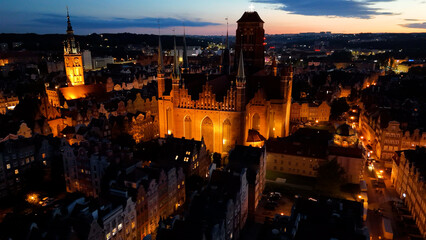 modern european city street houses view from above night evening illumination Gdansk Poland