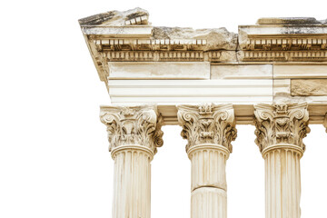 Obraz premium Fragment of ancient greek or roman columns and entablature isolated on transparent background. Greek columns isolated on white background.