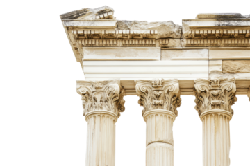 Fragment of ancient greek or roman columns and entablature isolated on transparent background. Greek columns isolated on white background.