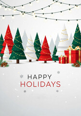 A digital greeting card featuring a festive winter scene with the text "HAPPY HOLIDAYS"