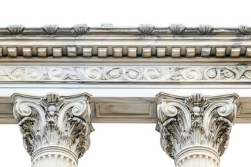 Obraz premium Ancient roman corinthian columns and architectural detail isolated on transparent background. Greek columns isolated on white background.