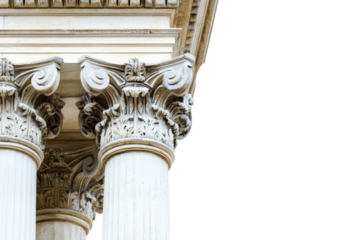 Close up of ornate corinthian column capital isolated on transparent background. Greek columns isolated on white background.