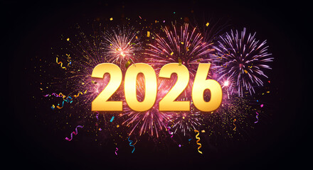 Year 2026 celebration with fireworks and confetti