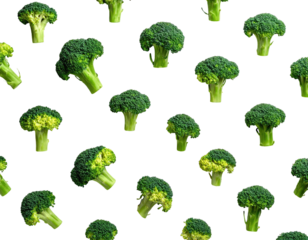 Many healthy green florets of a cruciferous vegetable float on a black space