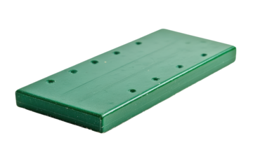 Rectangular green metal box with screw holes isolated on transparent background. Green board game counter isolated on white background.