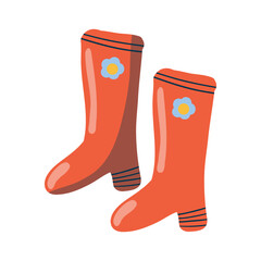 Pair of red rubber boots with a flower. Cute waterproof footwear in a fun doodle style. Hand-drawn. Perfect for autumn, spring, and gardening. Isolated design element on white background