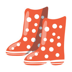 Pair of red rubber boots with white polka dots. Cute waterproof footwear in a fun doodle style. Hand-drawn. Perfect for autumn, spring, and gardening. Isolated design element on white background.