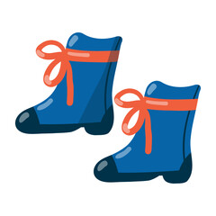 Pair of blue rubber boots with a red ribbon bow. Cute waterproof footwear in a fun doodle style. Hand-drawn. Perfect for autumn, spring, and gardening. Isolated design element on white background.