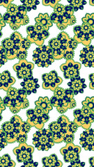 Bright floral pattern featuring intricate designs blue, green, and yellow against transparency background, creating vibrant and lively aesthetic. This decorative motif is perfect for textiles