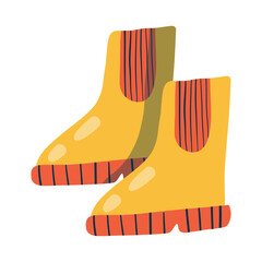 Pair of yellow rubber boots. Cute waterproof footwear in a fun doodle style. Hand-drawn illustration. Perfect for autumn, spring, and gardening. Isolated design element on white background.