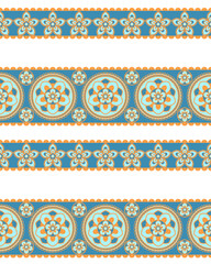 Colorful floral pattern with intricate designs featuring blue, orange, and white elements. repeating motifs create vibrant and decorative border suitable for various applications