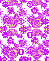 Vibrant paisley pattern featuring intricate designs in purple and gold, complemented by floral motifs on transparency background, creating lively and artistic visual appeal