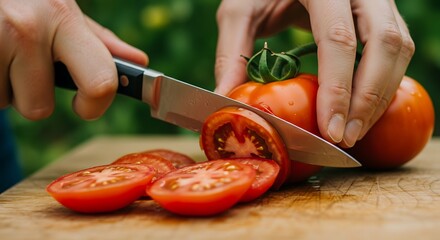 Close up of hands slicing fresh tomatoes on a wooden cutting board