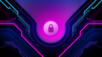 Digital technology and purple button. Security icon dashboard. Abstract network communication lock background. Computer circuit interface screen protection