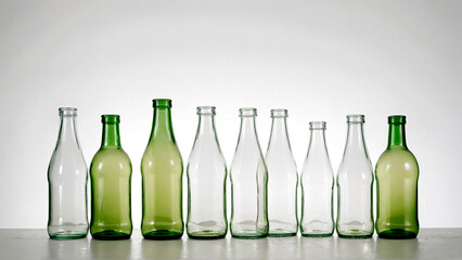 A clean, modern arrangement of empty glass bottles in varying shades of green and clear, perfect...