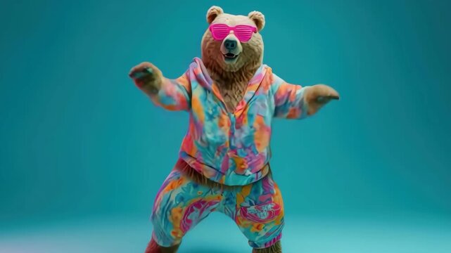 Colorful bear wearing a vibrant jumpsuit and pink sunglasses dances joyfully against a bright blue background in a playful and lively atmosphere