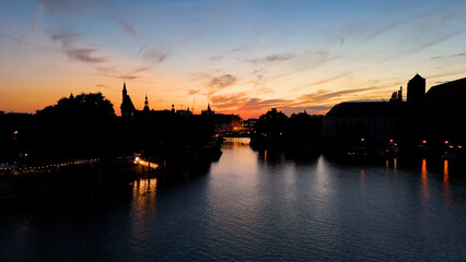 old European city city center view from above evening night illumination Wroclaw Poland