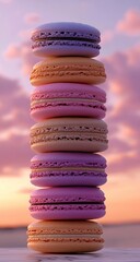 Stacked macarons with pink and purple sunset backdrop