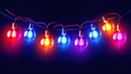 Colorful string lights against a dark backdrop, glowing brightly