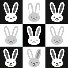 Fototapeta premium Repeating rabbit faces in black and white grid pattern