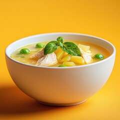 Chicken soup in bowl; potatoes, peas, basil, bright