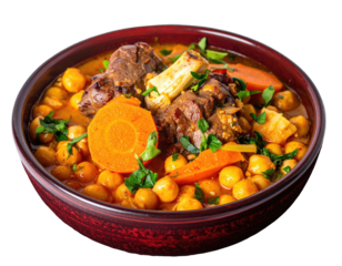 Savory stew with chickpeas, meat, carrots, and herbs in a deep red bowl