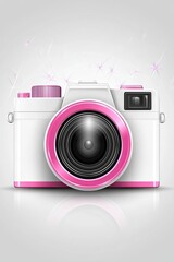 White camera, pink details, lens reflecting light