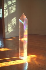Prism diffracts light in sunlit room; hardwood floor