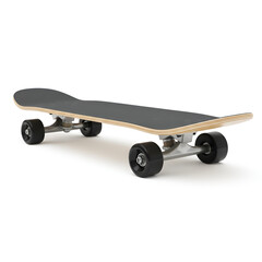 ultra realistic angled side view of wooden skateboard with matte black grip top isolated on white