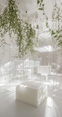 Bright, airy interior w/ vines, cubes, and white palette