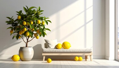 Modern room with lemon tree and bench