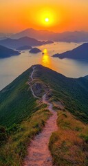 Mountain ridge path at sunset over water and distant mountains