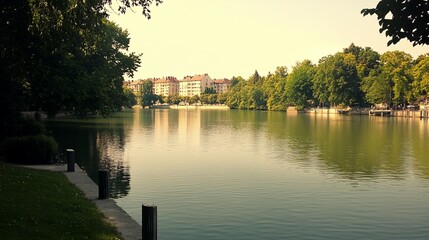 Fototapeta premium Tranquil park lake scene with city backdrop