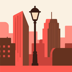 Obraz premium Urban skyline silhouette with vintage street lamp under warm sunset glow
