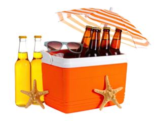 Beach scene cooler, bottles, starfish, sunglasses, and an umbrella
