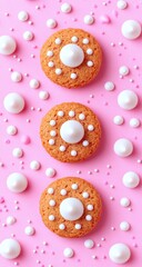 Cookies adorned with white candy dots on a vibrant pink backdrop