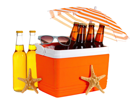 Beach scene cooler, bottles, starfish, sunglasses, and an umbrella