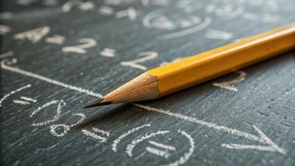 Yellow pencil writing mathematical formulas on a dark chalkboard