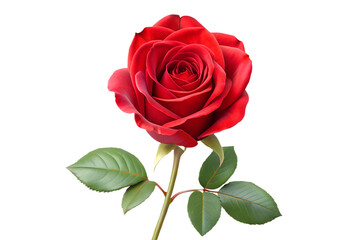 Beautiful Single Red Rose with Stem and Leaves on transparent background